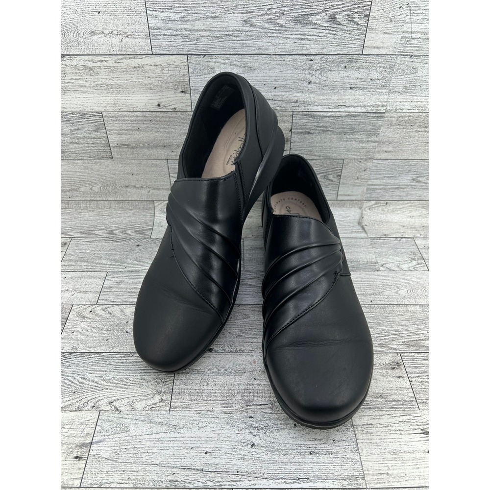 Clarks Collection Women Black Leather Pleated Slip On Loafers 9.5M 261444354070